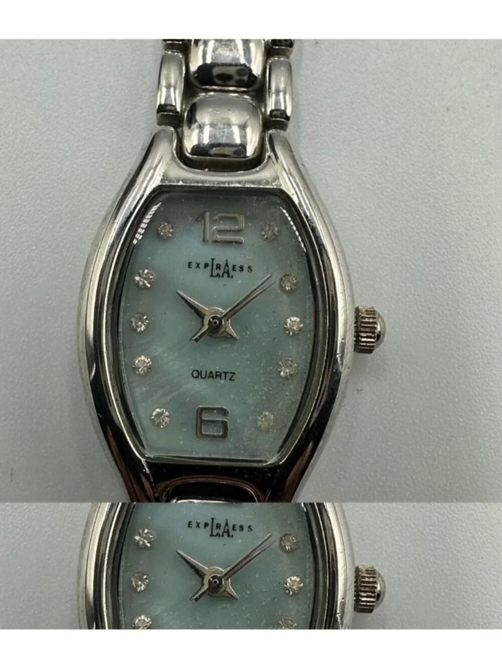 3/$30 LA Express Watch Women Silver Tone Blue Mother Of Pearl Dial 6.5